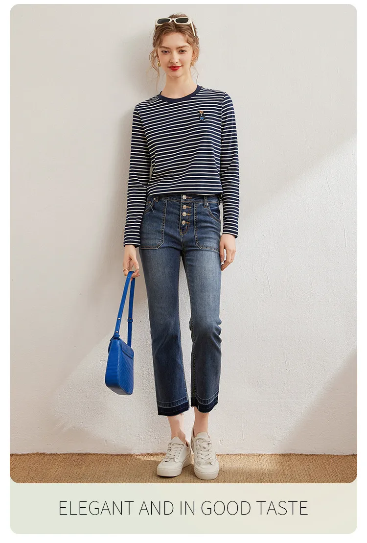 LOUISYAO Striped Long Sleeve T-Shirt Women 2026 Spring Summer Round Neck Bear Embroidery Stretchy Casual Ladies Tshirt