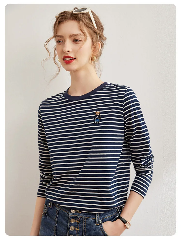 LOUISYAO Striped Long Sleeve T-Shirt Women 2026 Spring Summer Round Neck Bear Embroidery Stretchy Casual Ladies Tshirt