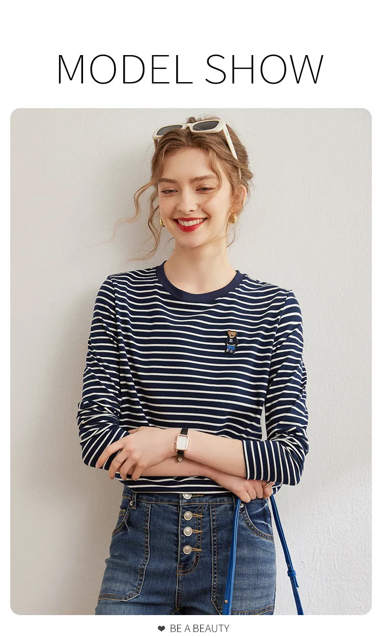 LOUISYAO Striped Long Sleeve T-Shirt Women 2026 Spring Summer Round Neck Bear Embroidery Stretchy Casual Ladies Tshirt