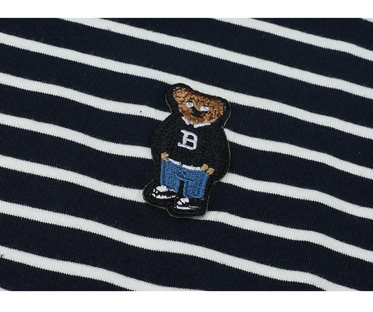LOUISYAO Striped Long Sleeve T-Shirt Women 2026 Spring Summer Round Neck Bear Embroidery Stretchy Casual Ladies Tshirt