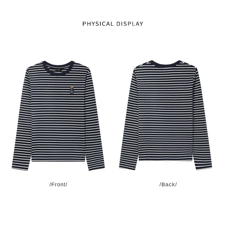LOUISYAO Striped Long Sleeve T-Shirt Women 2026 Spring Summer Round Neck Bear Embroidery Stretchy Casual Ladies Tshirt