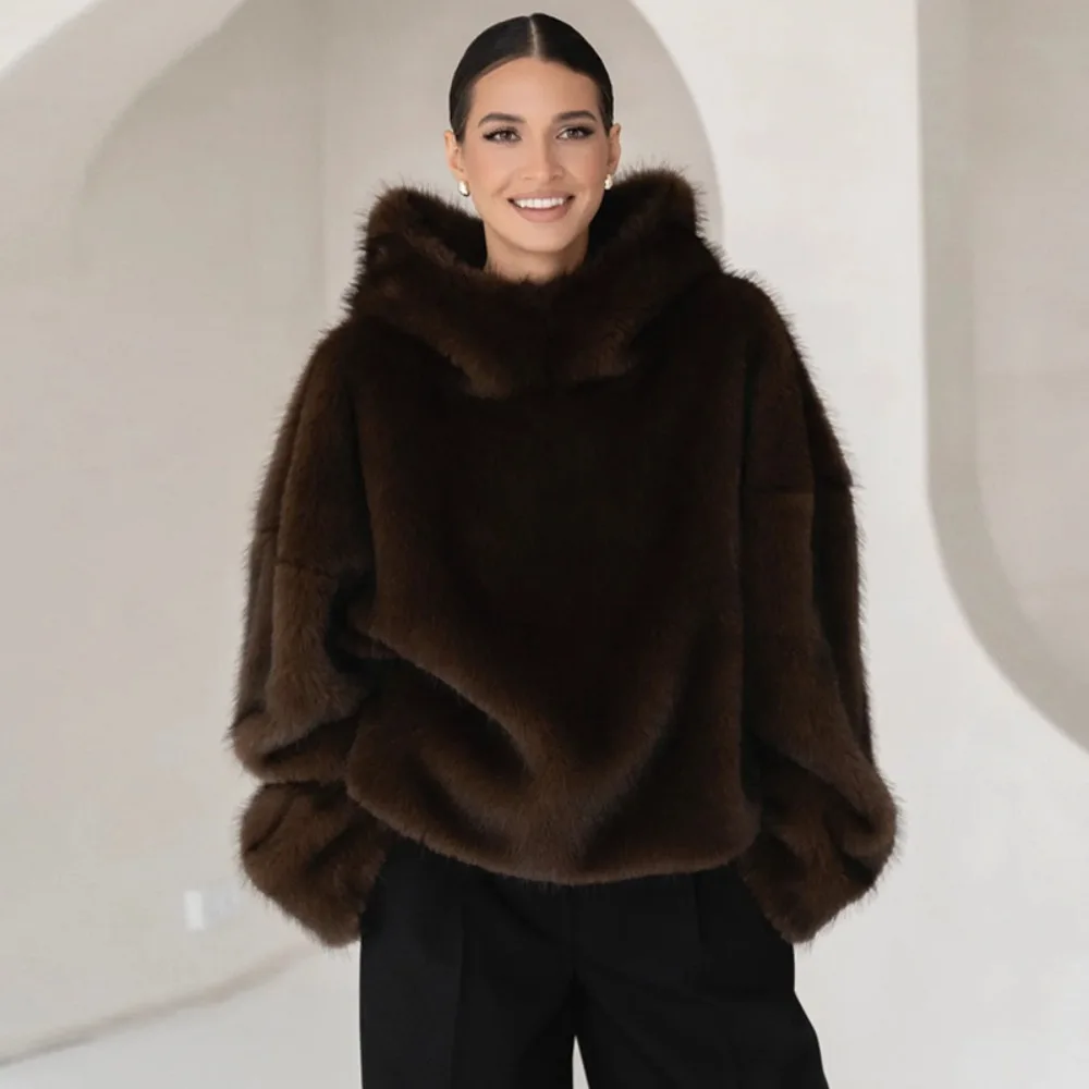 VGH Faux Fur Coat Loose with Hooded Design for Women Long Sleeve Patchwork Front Pocket Imitation Fox Fur Jacket Female Winter