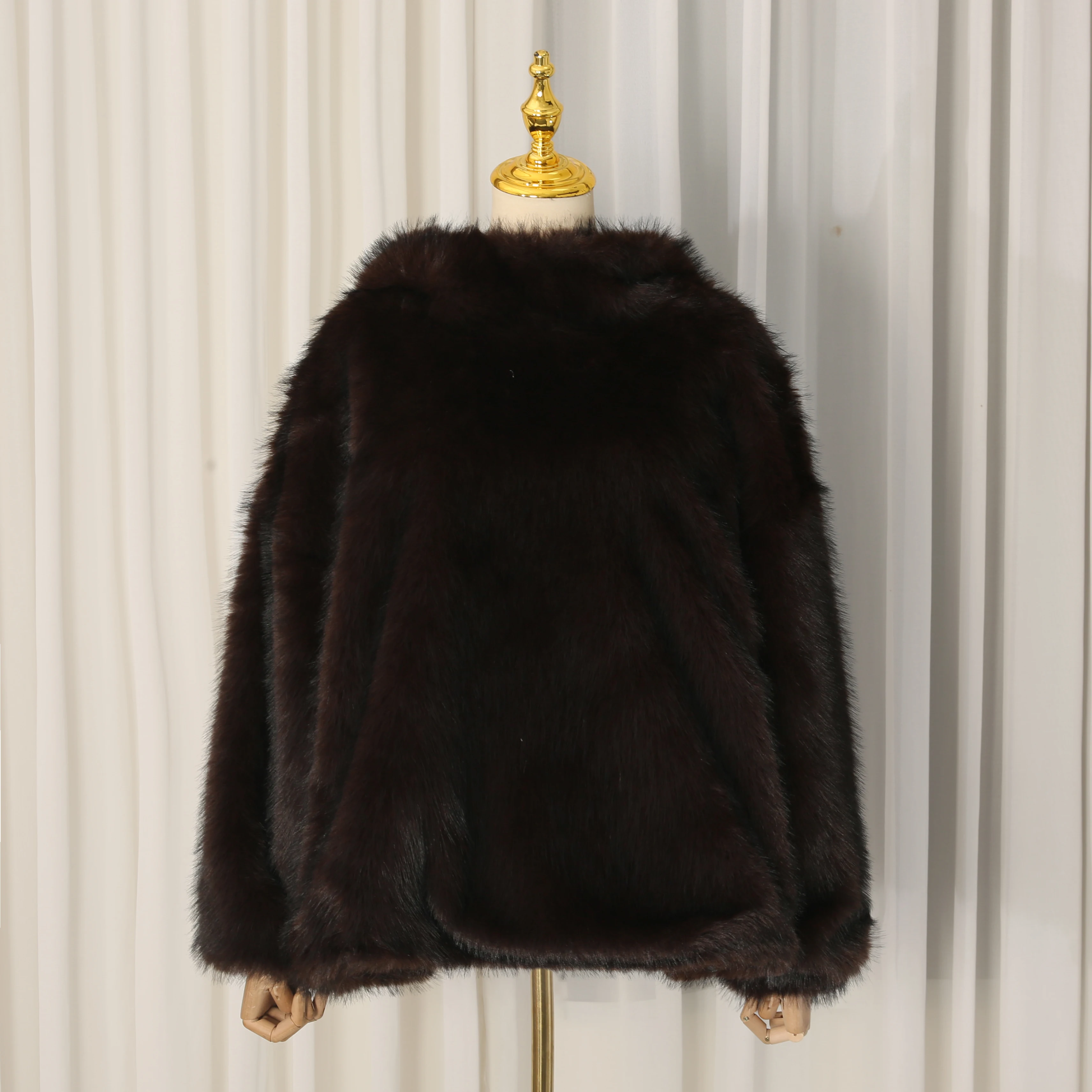 VGH Faux Fur Coat Loose with Hooded Design for Women Long Sleeve Patchwork Front Pocket Imitation Fox Fur Jacket Female Winter