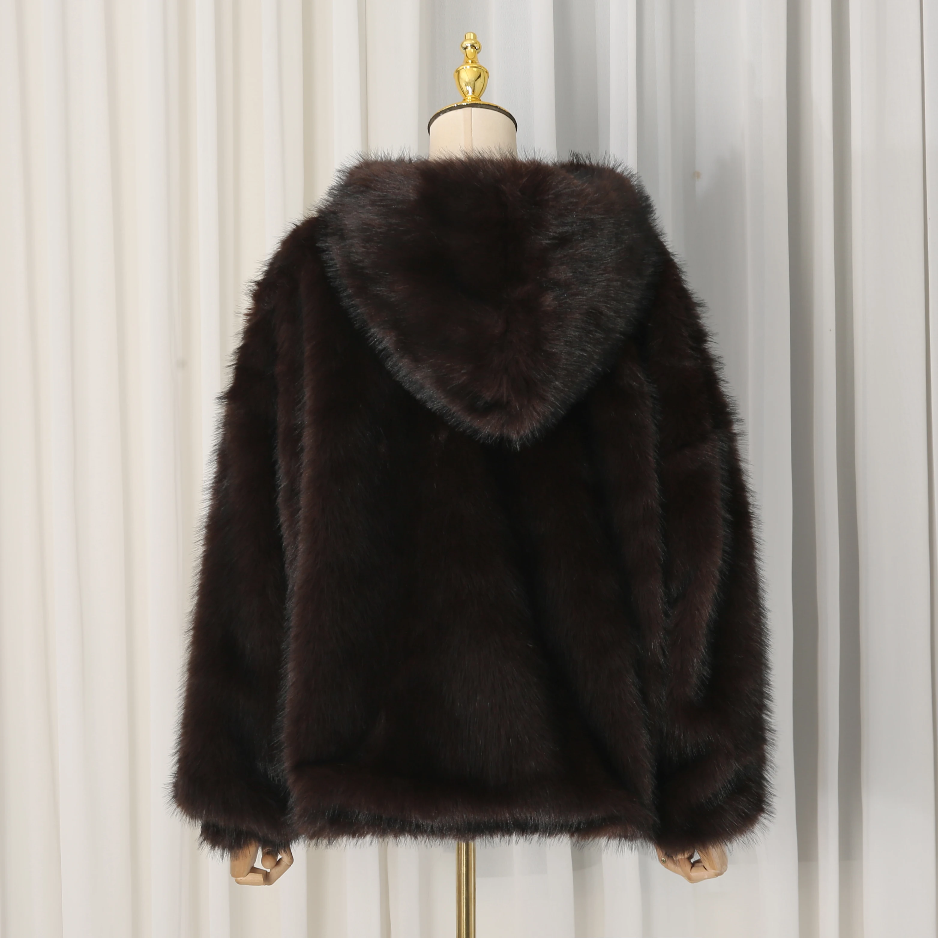 VGH Faux Fur Coat Loose with Hooded Design for Women Long Sleeve Patchwork Front Pocket Imitation Fox Fur Jacket Female Winter
