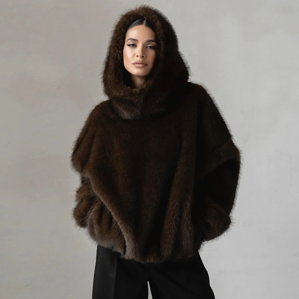 VGH Faux Fur Coat Loose with Hooded Design for Women Long Sleeve Patchwork Front Pocket Imitation Fox Fur Jacket Female Winter