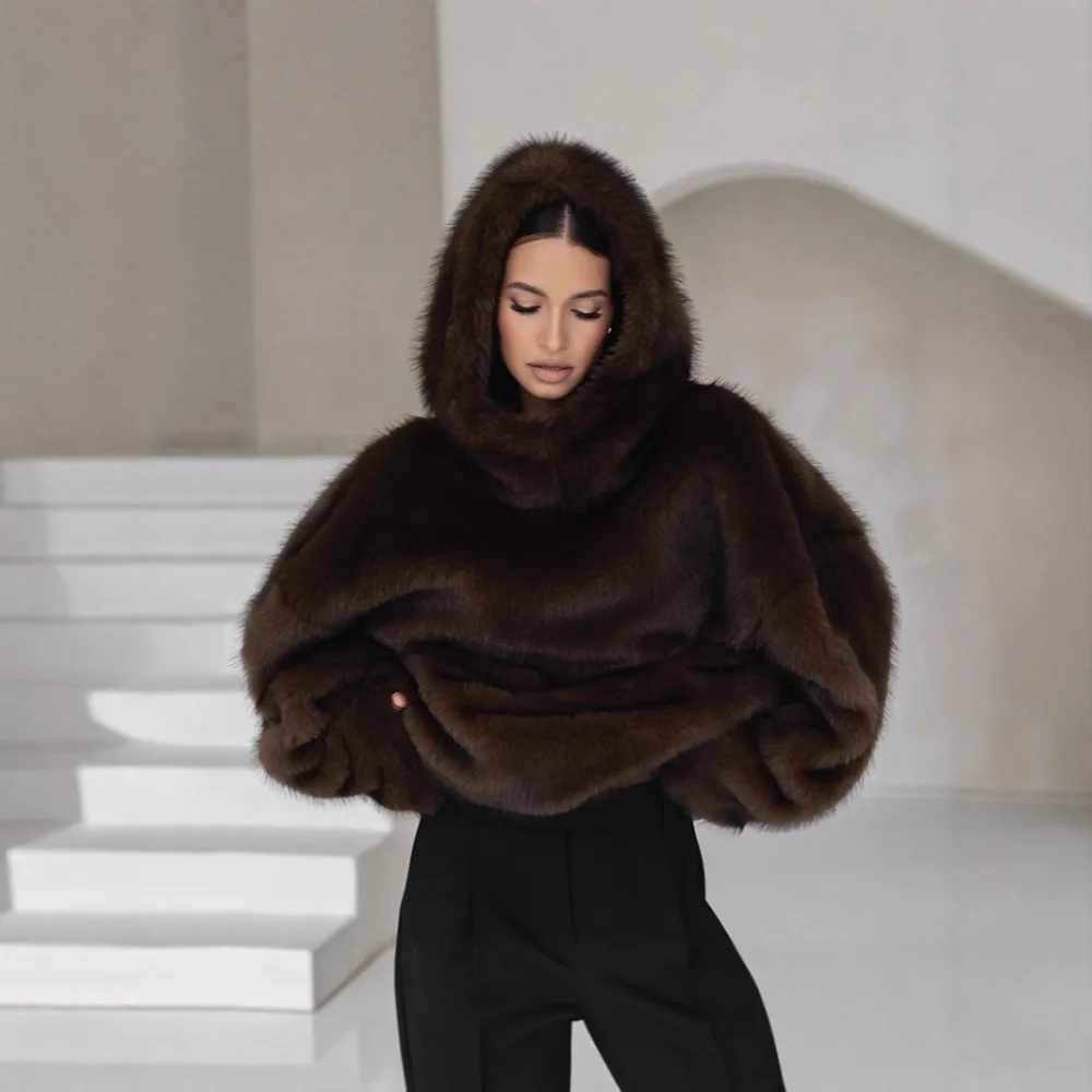 VGH Faux Fur Coat Loose with Hooded Design for Women Long Sleeve Patchwork Front Pocket Imitation Fox Fur Jacket Female Winter