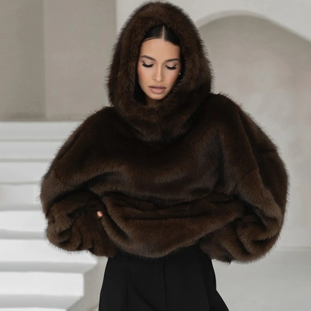 VGH Faux Fur Coat Loose with Hooded Design for Women Long Sleeve Patchwork Front Pocket Imitation Fox Fur Jacket Female Winter
