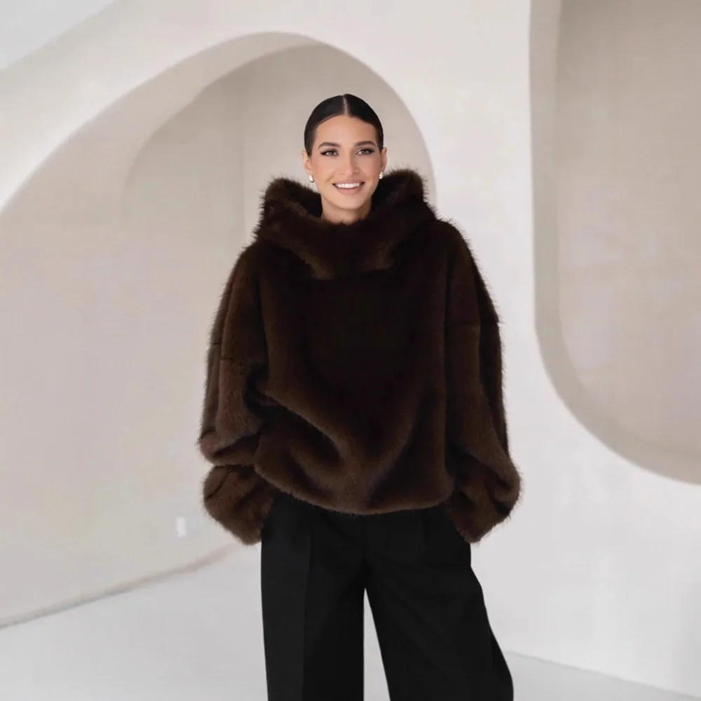 VGH Faux Fur Coat Loose with Hooded Design for Women Long Sleeve Patchwork Front Pocket Imitation Fox Fur Jacket Female Winter