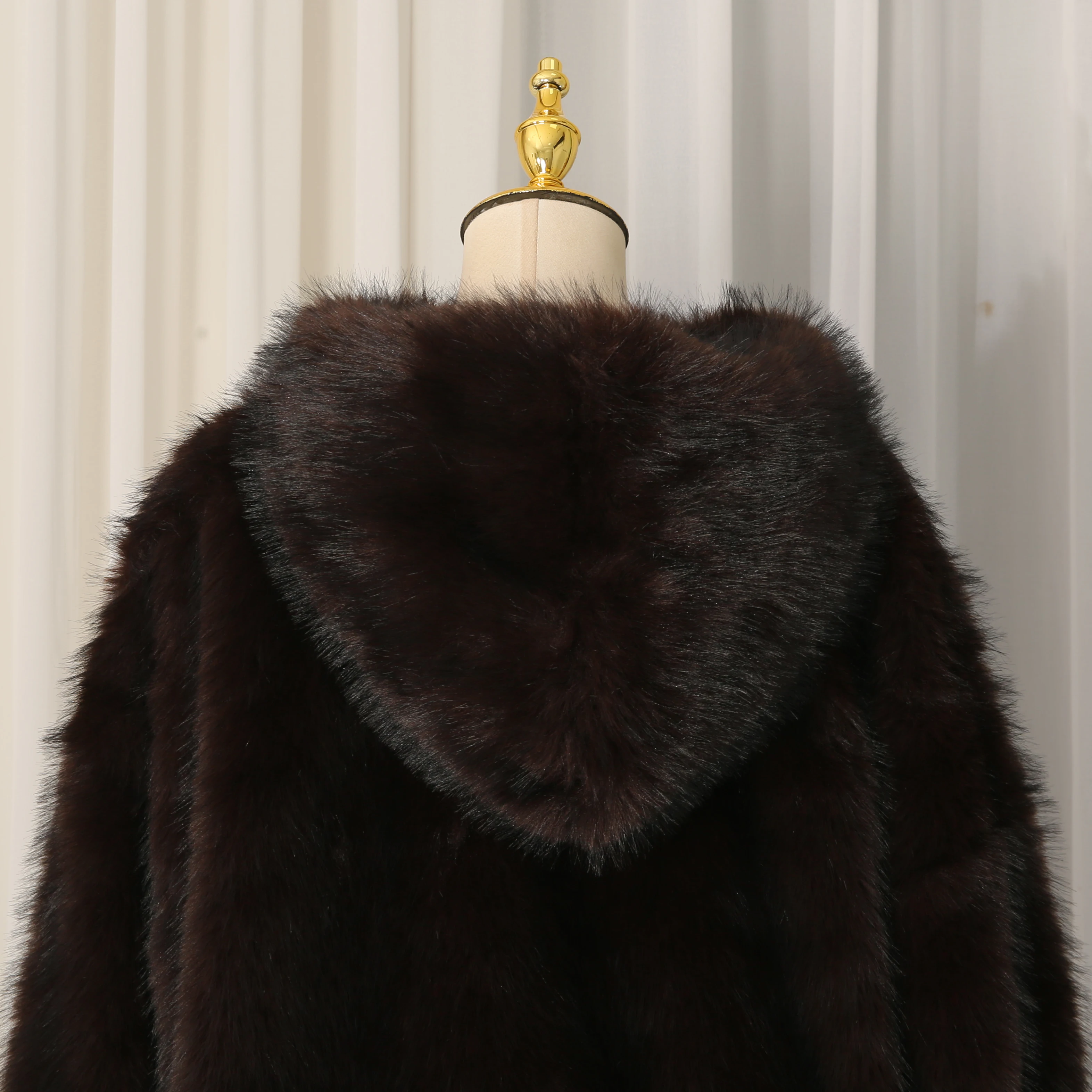 VGH Faux Fur Coat Loose with Hooded Design for Women Long Sleeve Patchwork Front Pocket Imitation Fox Fur Jacket Female Winter
