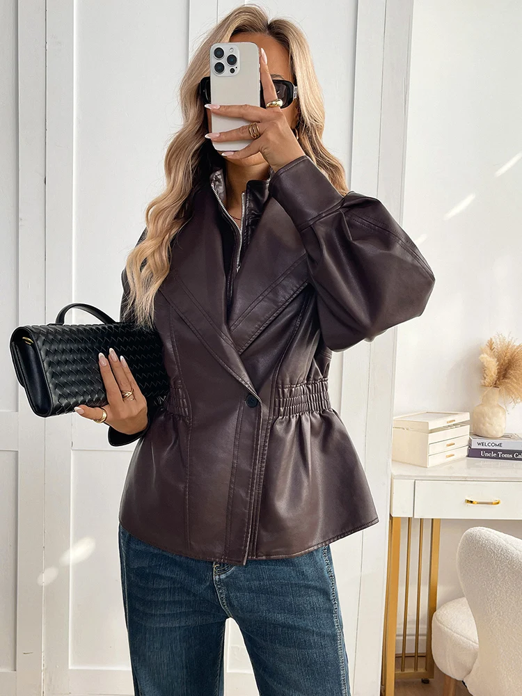 Ailegogo New Spring Autumn Women Vintage Loose Elastic Waist Zipper Black Faux Leather Jacket Outwear