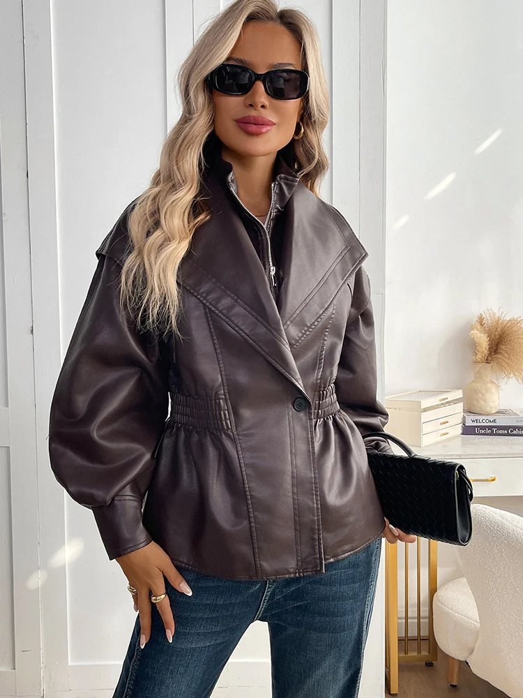Ailegogo New Spring Autumn Women Vintage Loose Elastic Waist Zipper Black Faux Leather Jacket Outwear