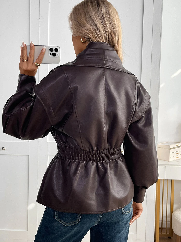 Ailegogo New Spring Autumn Women Vintage Loose Elastic Waist Zipper Black Faux Leather Jacket Outwear