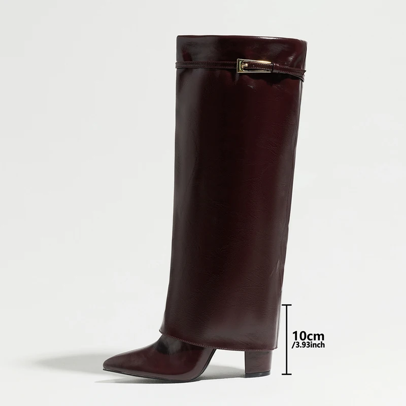 Eilyken Winter Street Fashion Belt Buckle Women Knee High Boots Pointed Toe Square Heels Ladies Shoes Long Botas Mujer