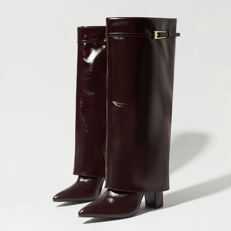 Eilyken Winter Street Fashion Belt Buckle Women Knee High Boots Pointed Toe Square Heels Ladies Shoes Long Botas Mujer