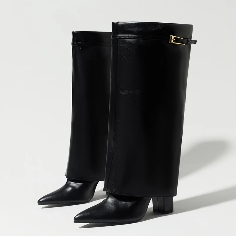 Eilyken Winter Street Fashion Belt Buckle Women Knee High Boots Pointed Toe Square Heels Ladies Shoes Long Botas Mujer