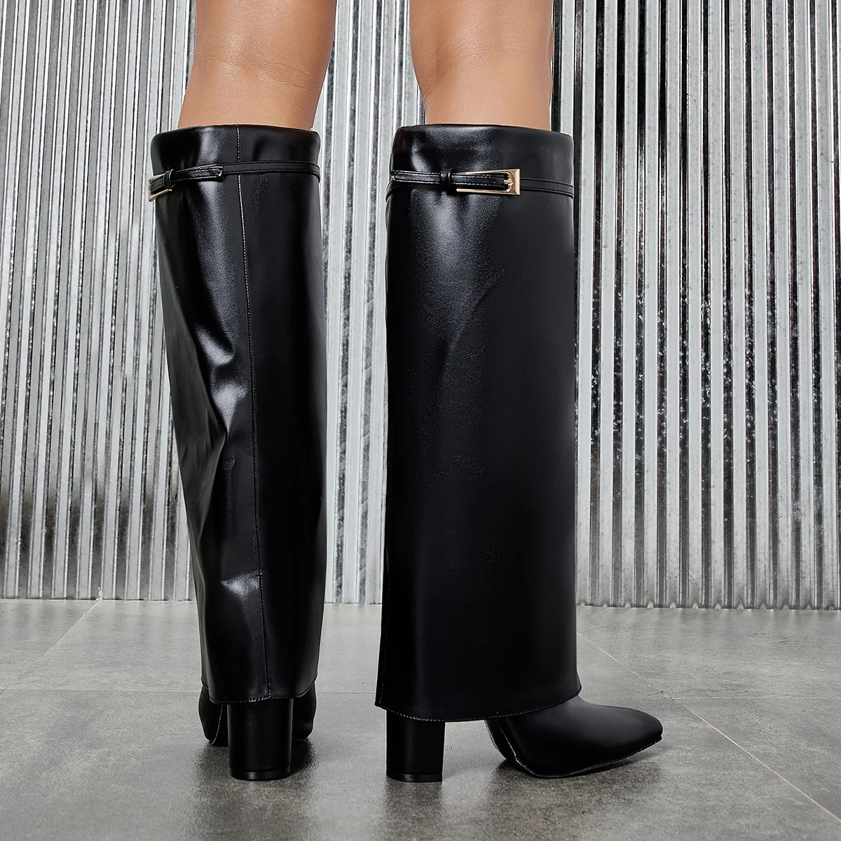 Eilyken Winter Street Fashion Belt Buckle Women Knee High Boots Pointed Toe Square Heels Ladies Shoes Long Botas Mujer