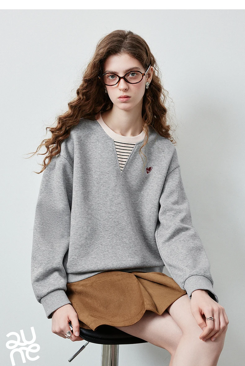 TOYOUTH Women's Fake Two Piece Sweatshirt 2026 Autumn New Arrival Preppy Sporty Striped Splicing Heart Embroidery Top