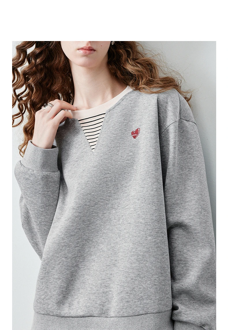 TOYOUTH Women's Fake Two Piece Sweatshirt 2026 Autumn New Arrival Preppy Sporty Striped Splicing Heart Embroidery Top