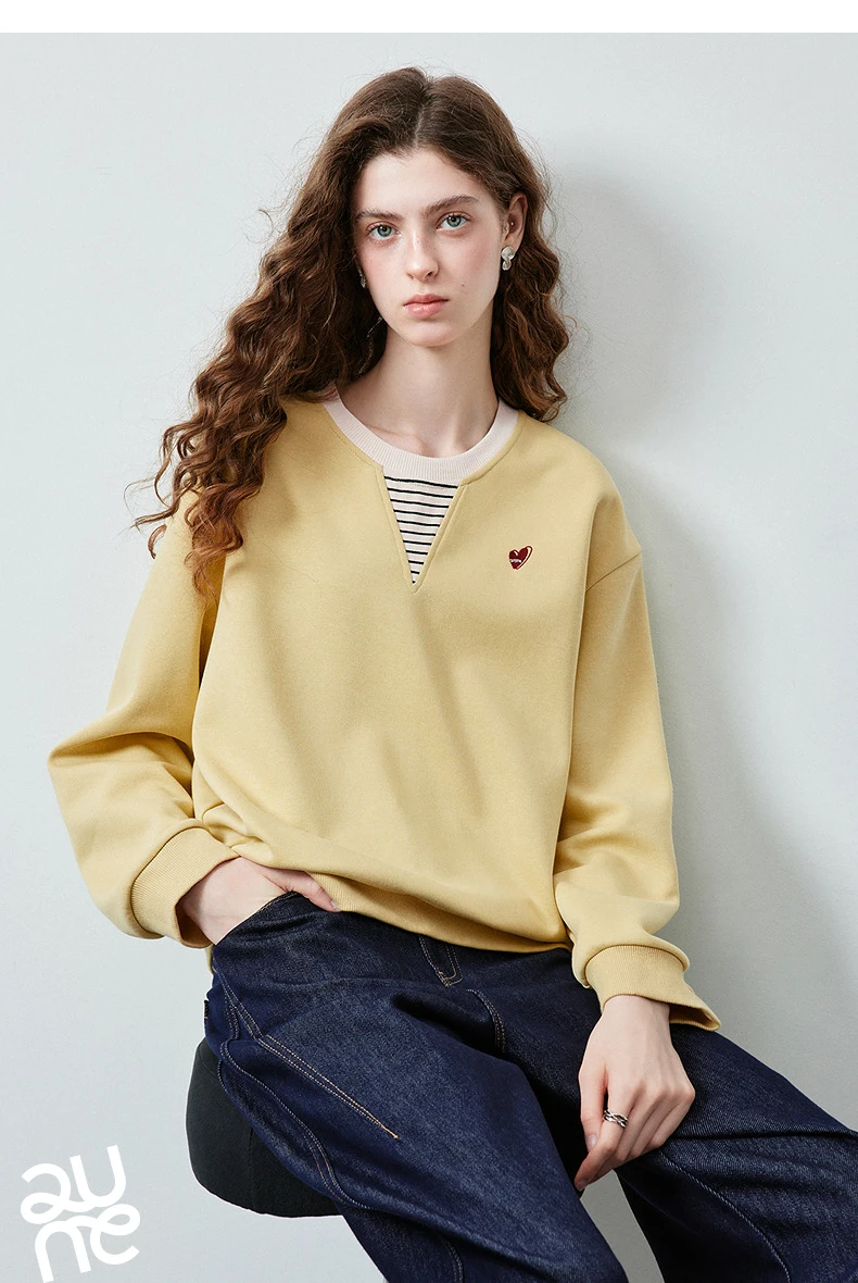 TOYOUTH Women's Fake Two Piece Sweatshirt 2026 Autumn New Arrival Preppy Sporty Striped Splicing Heart Embroidery Top