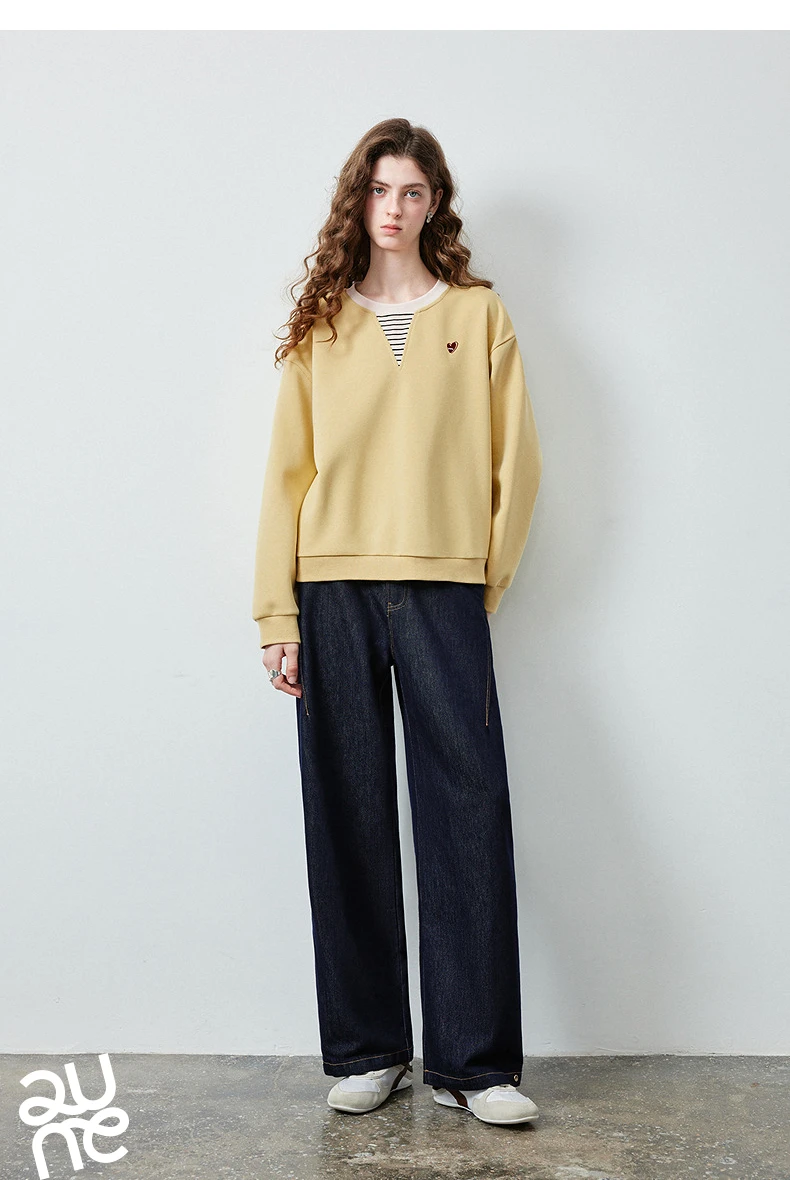 TOYOUTH Women's Fake Two Piece Sweatshirt 2026 Autumn New Arrival Preppy Sporty Striped Splicing Heart Embroidery Top