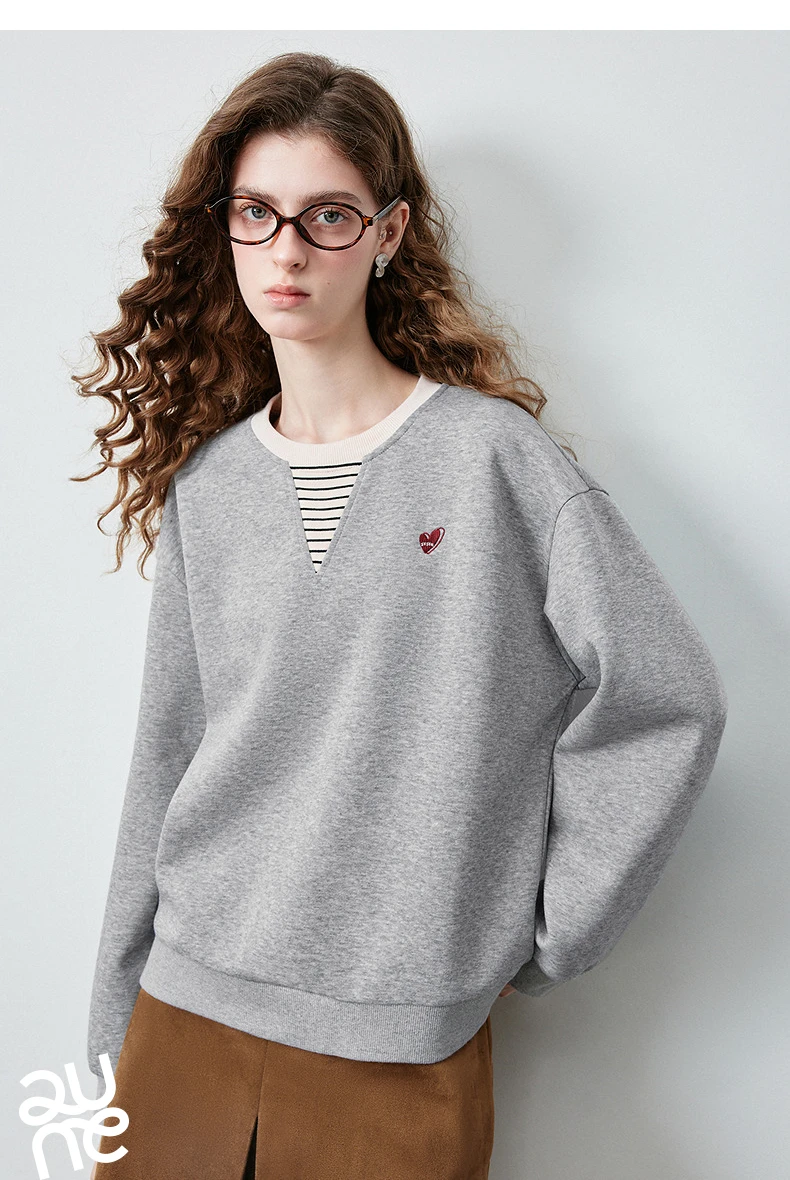 TOYOUTH Women's Fake Two Piece Sweatshirt 2026 Autumn New Arrival Preppy Sporty Striped Splicing Heart Embroidery Top