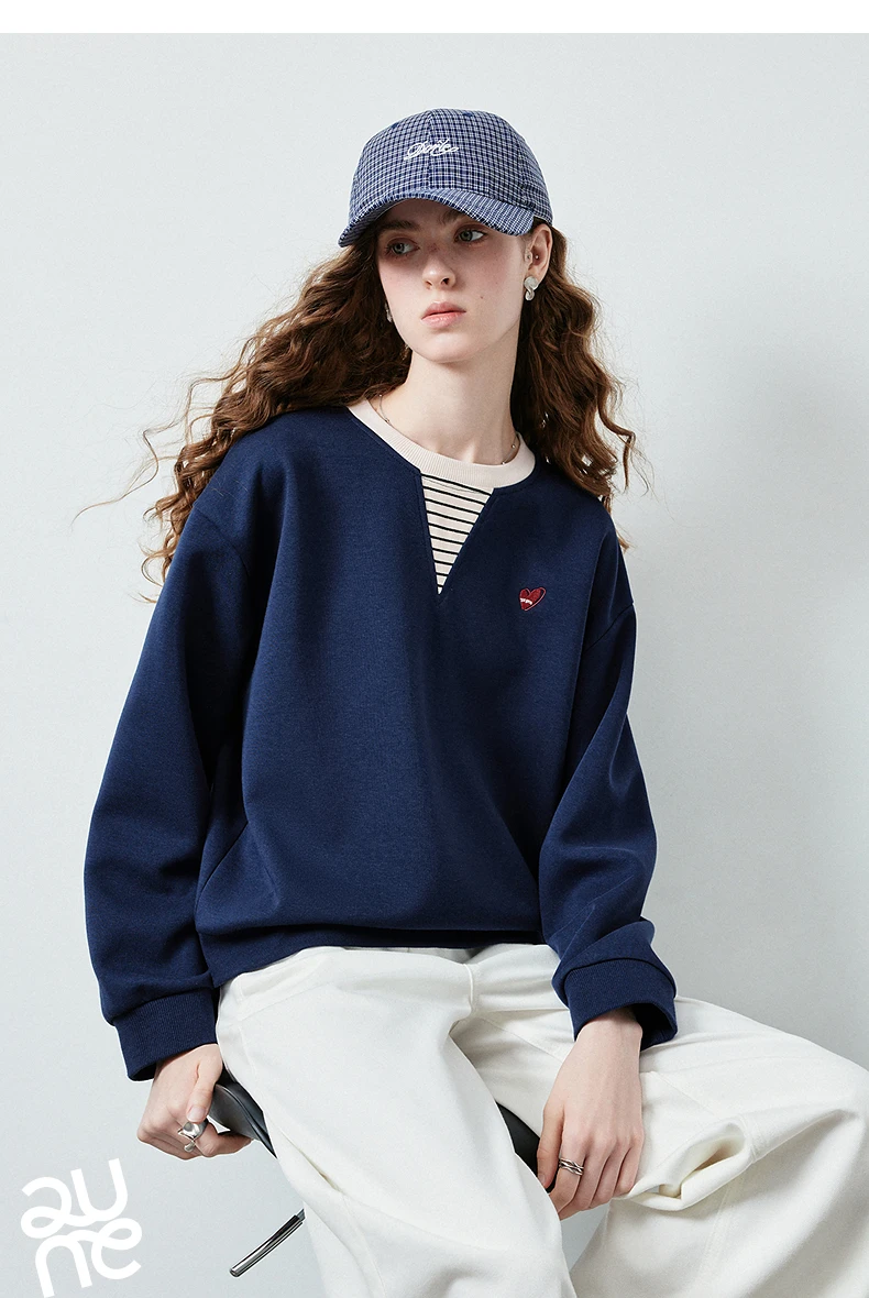 TOYOUTH Women's Fake Two Piece Sweatshirt 2026 Autumn New Arrival Preppy Sporty Striped Splicing Heart Embroidery Top