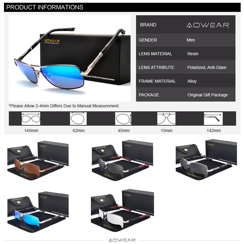 AOWEAR Luxury Square Sunglasses Men Polarized Retro Mirror Sun Glasses for Man Women Vintage Shades Eyewear with Case