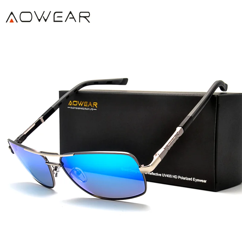 AOWEAR Luxury Square Sunglasses Men Polarized Retro Mirror Sun Glasses for Man Women Vintage Shades Eyewear with Case