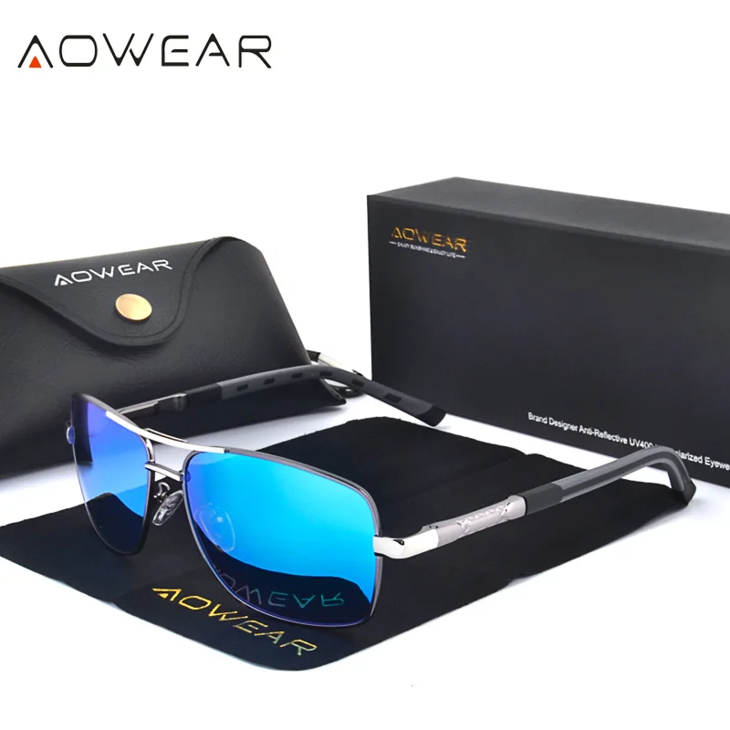 AOWEAR Luxury Square Sunglasses Men Polarized Retro Mirror Sun Glasses for Man Women Vintage Shades Eyewear with Case