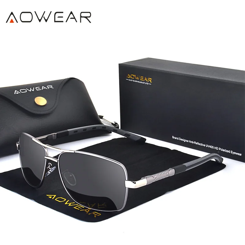 AOWEAR Luxury Square Sunglasses Men Polarized Retro Mirror Sun Glasses for Man Women Vintage Shades Eyewear with Case