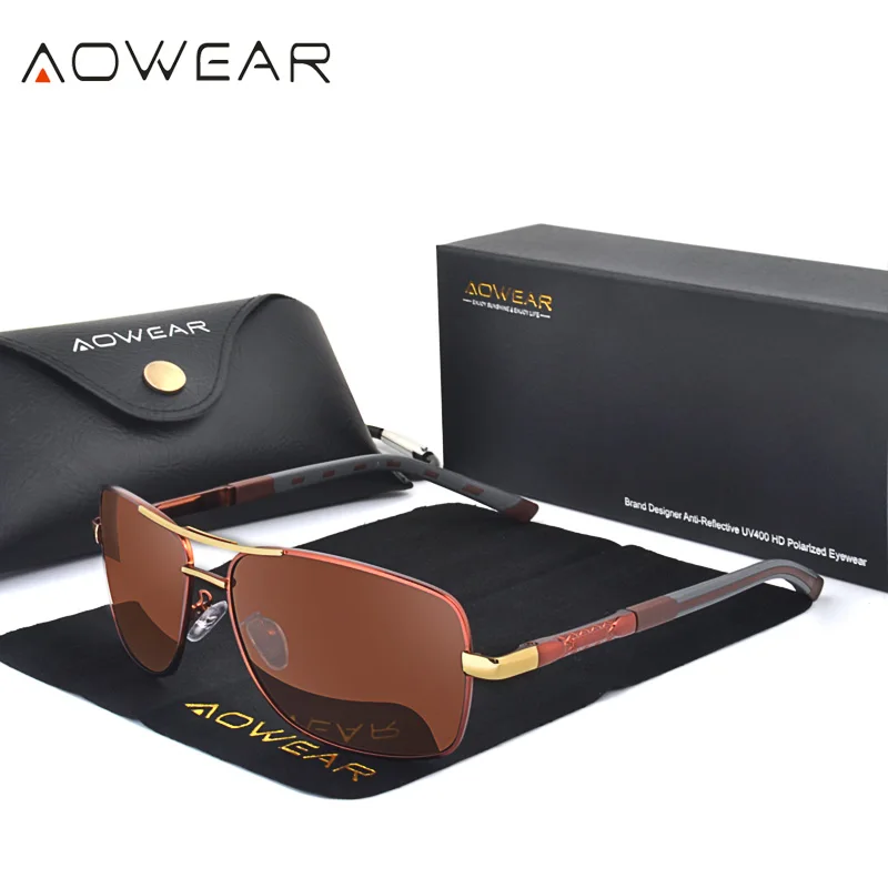 AOWEAR Luxury Square Sunglasses Men Polarized Retro Mirror Sun Glasses for Man Women Vintage Shades Eyewear with Case