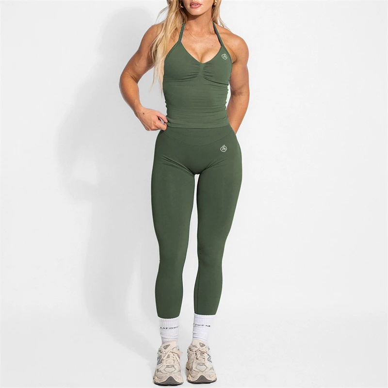 Women's Yoga Set Bum Balance Fitted Halter Tops & Shaping Pants 2pcs Yoga Sportwear Workout Gym Clothing High Waist Leggings Set
