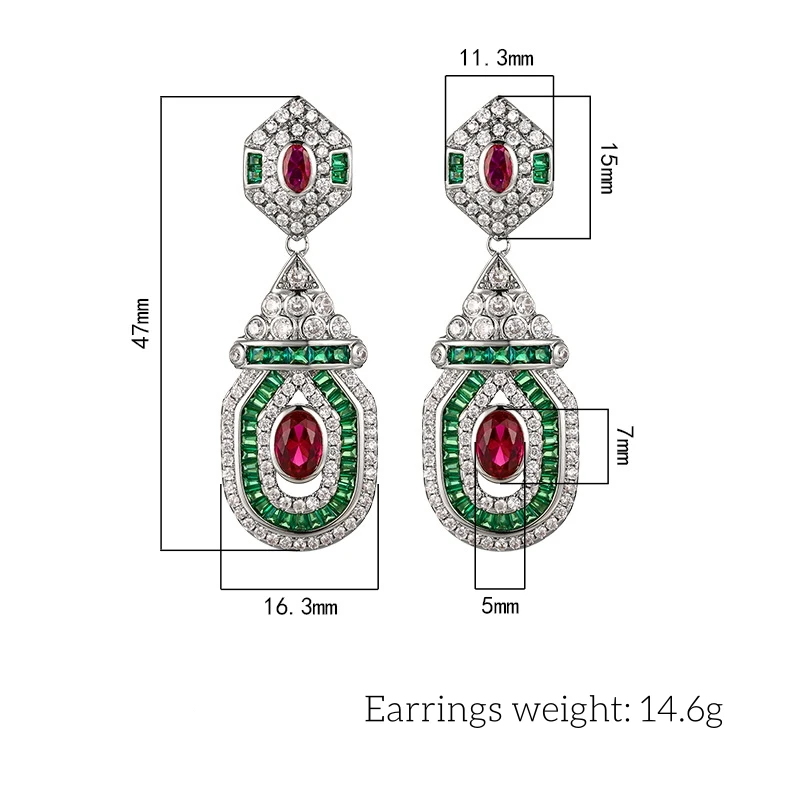 Vintage Glamorous Ruby Red Emerald Green Crystal Dangle Earrings Geometric Teardrop Shaped Statement Jewelry for Women Party
