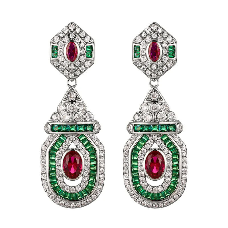 Vintage Glamorous Ruby Red Emerald Green Crystal Dangle Earrings Geometric Teardrop Shaped Statement Jewelry for Women Party