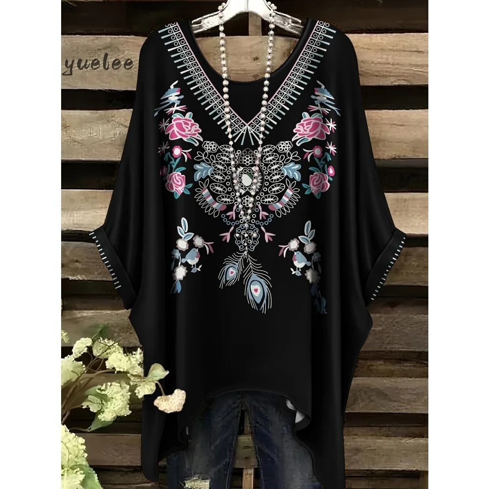 Woman Clothes Bohemian Floral Tunic Plus Size Women's Bohemian Floral Print Tunic T-Shirt Short Sleeve O-Neck Casual Clothings