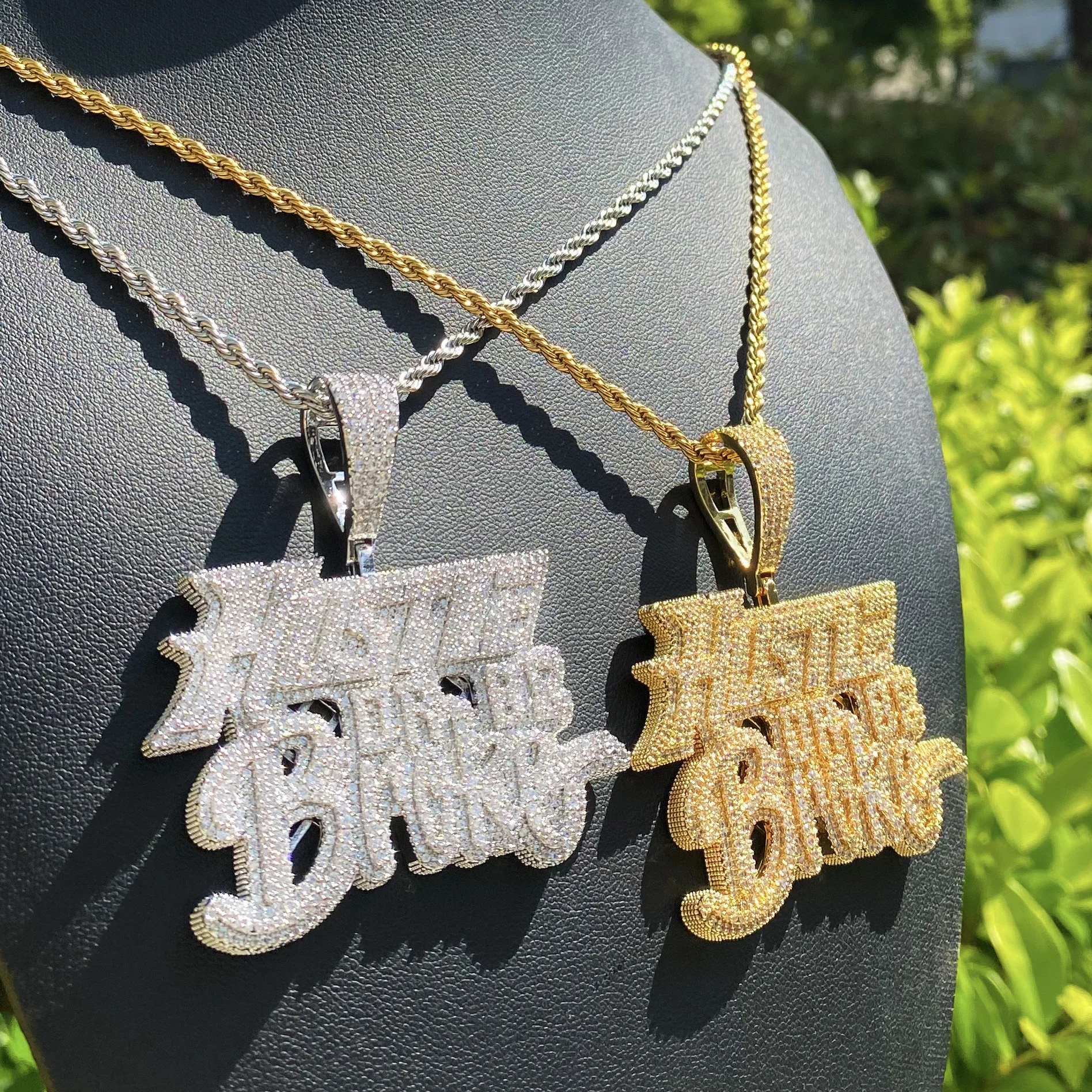 Aokaishen Iced Out Hustle Or Be Broke Necklace Pendant for Men Prong Setting Real Gold Plated Hip Hop Jewelry