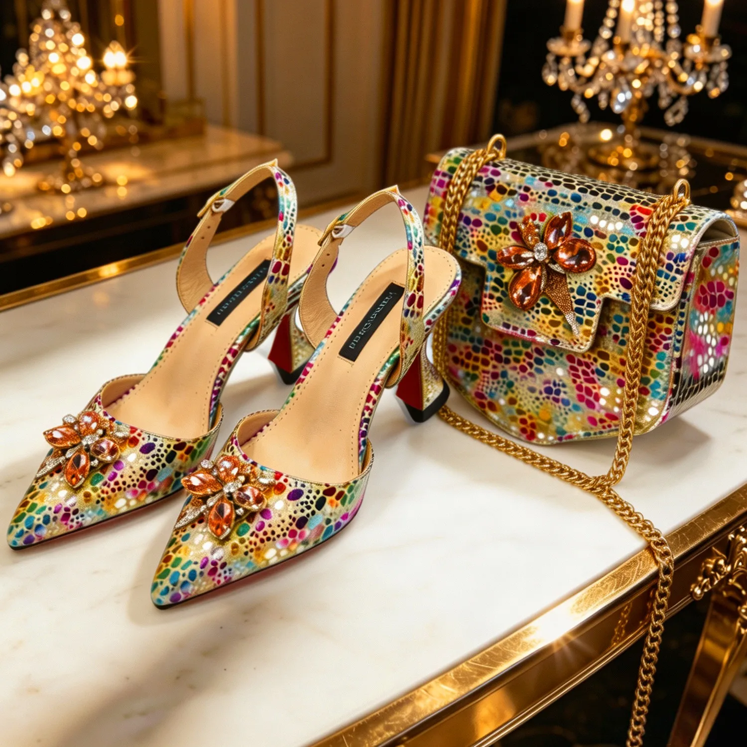 Venus Chan Elegant Rhinestone Heels & Matching Bag Set, Colorful Print Pointed Toe Block Heels for Banquet Club Night