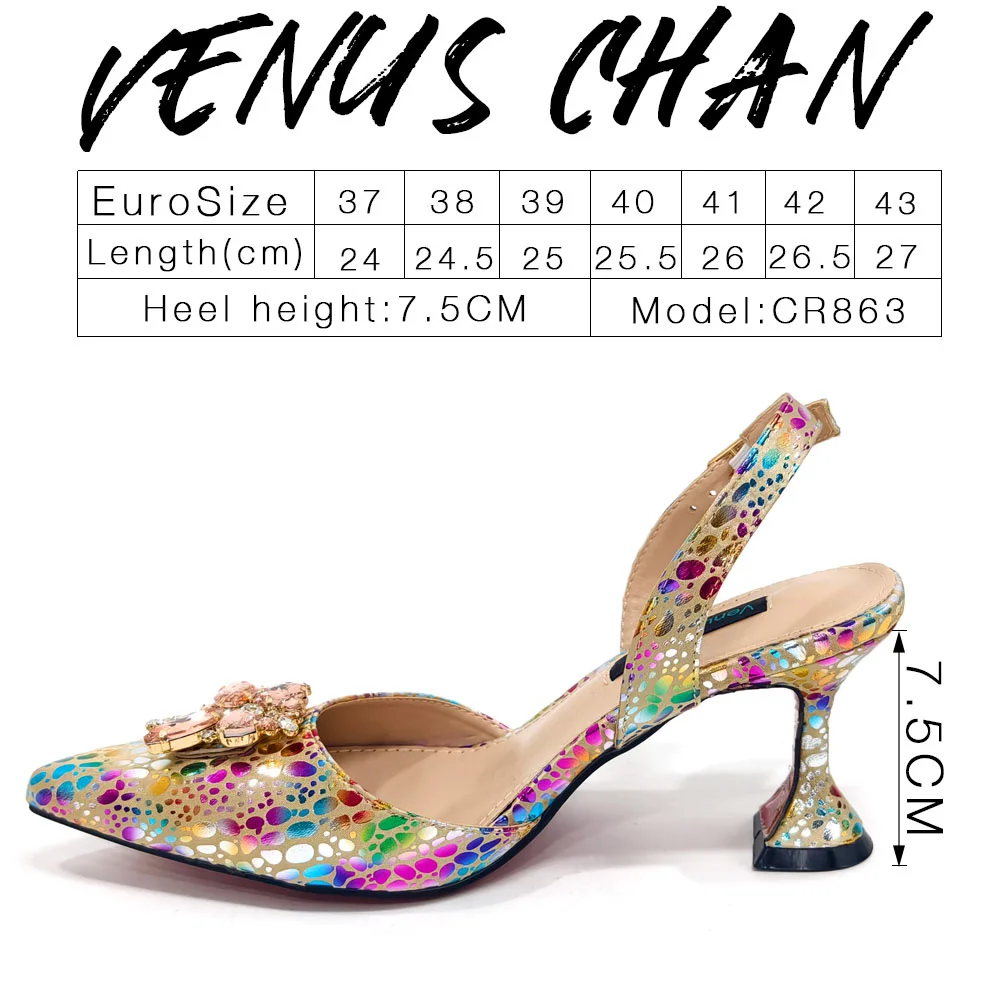 Venus Chan Elegant Rhinestone Heels & Matching Bag Set, Colorful Print Pointed Toe Block Heels for Banquet Club Night