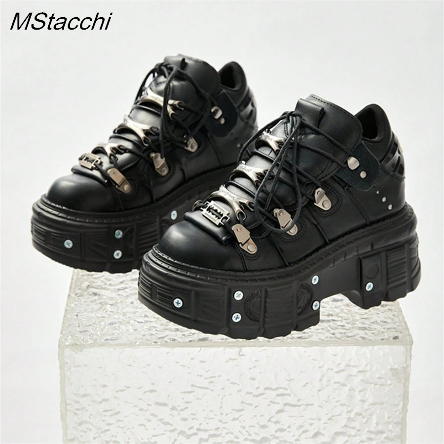 Punk Style Women Black Shoes Rock Metal Decor Lace-up Heel Height Platform Shoes Gothic Man Sneakers Women Ankle Boots 2025 New