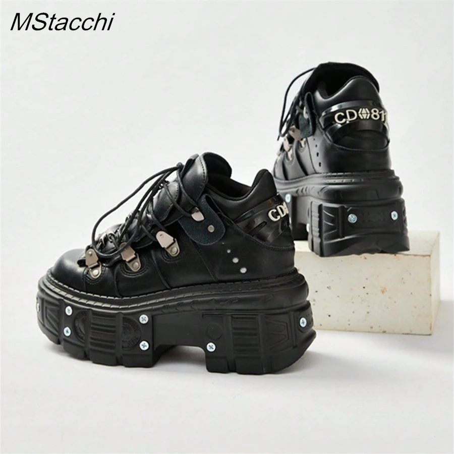 Punk Style Women Black Shoes Rock Metal Decor Lace-up Heel Height Platform Shoes Gothic Man Sneakers Women Ankle Boots 2025 New