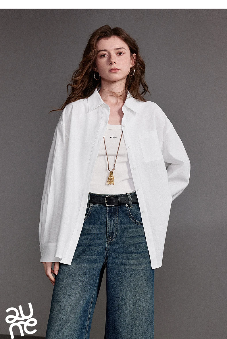 TOYOUTH Women Shirt 2026 Spring New Cotton and Linen Loose Shoulder Mid Length Lapel Shirt Cardigan Jacket