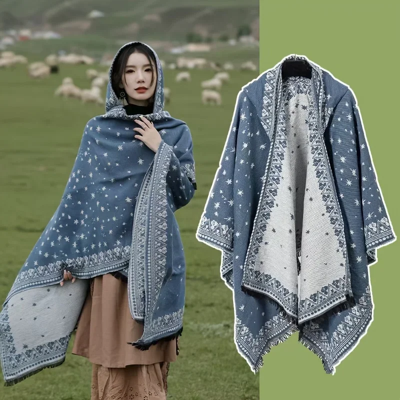 Ethnic Hooded Cape Shawl for Northwest China Travel Photography Warm Imitation Cashmere Outerwear Ethnic style hat
