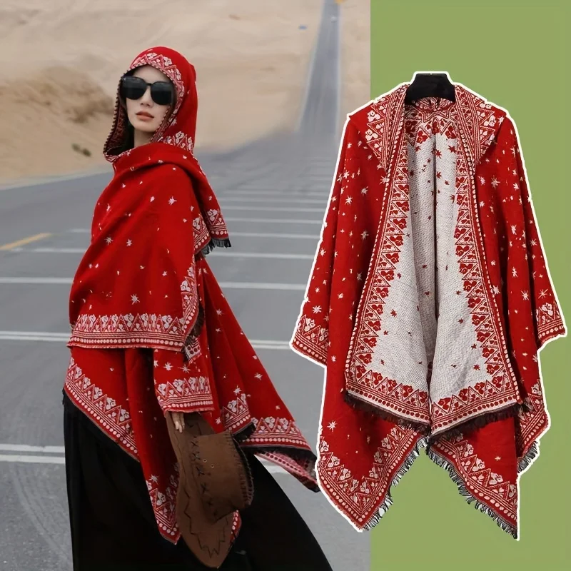 Ethnic Hooded Cape Shawl for Northwest China Travel Photography Warm Imitation Cashmere Outerwear Ethnic style hat