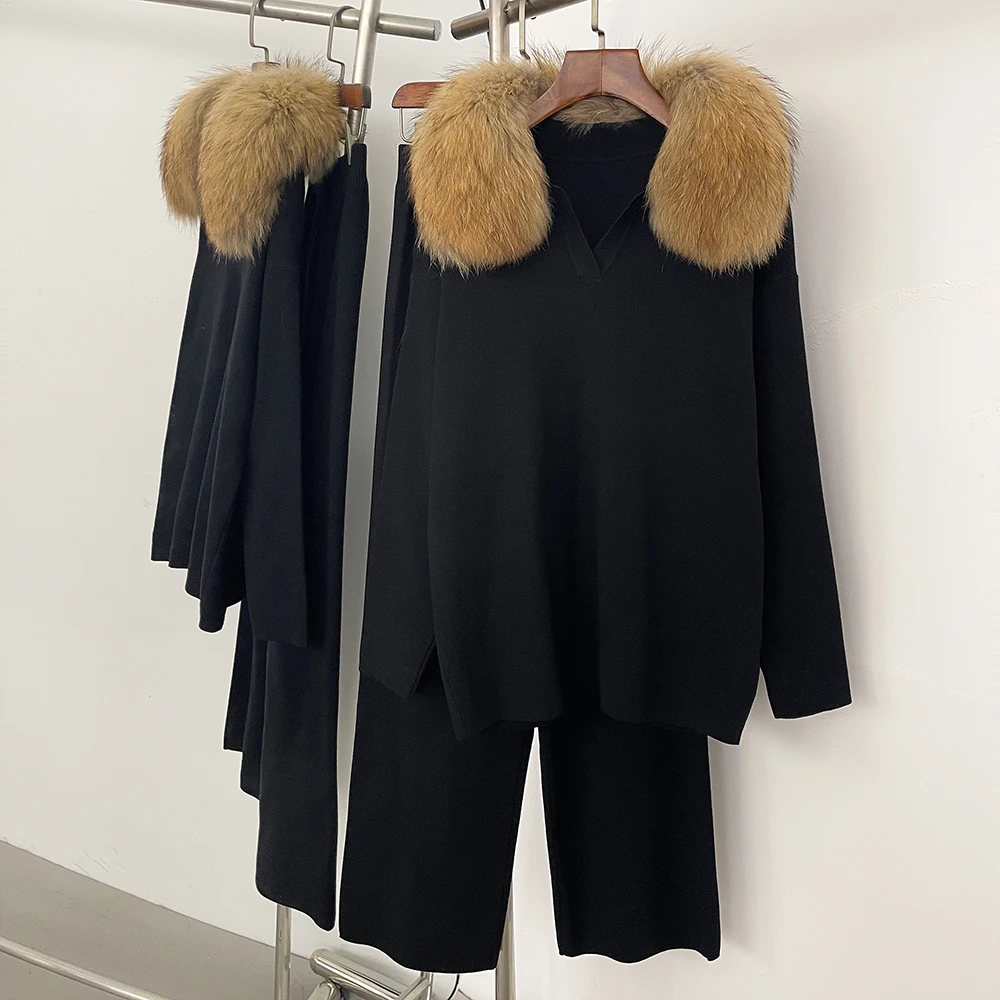 Reality Fur Jacket Pullover Set Woman Spring Knitted Suit Knitwear Female Real Fox Fur Collar Sweater Lady Autumn Knitted New