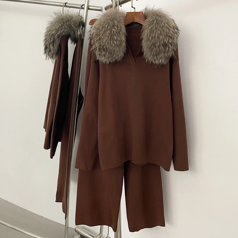 Reality Fur Jacket Pullover Set Woman Spring Knitted Suit Knitwear Female Real Fox Fur Collar Sweater Lady Autumn Knitted New
