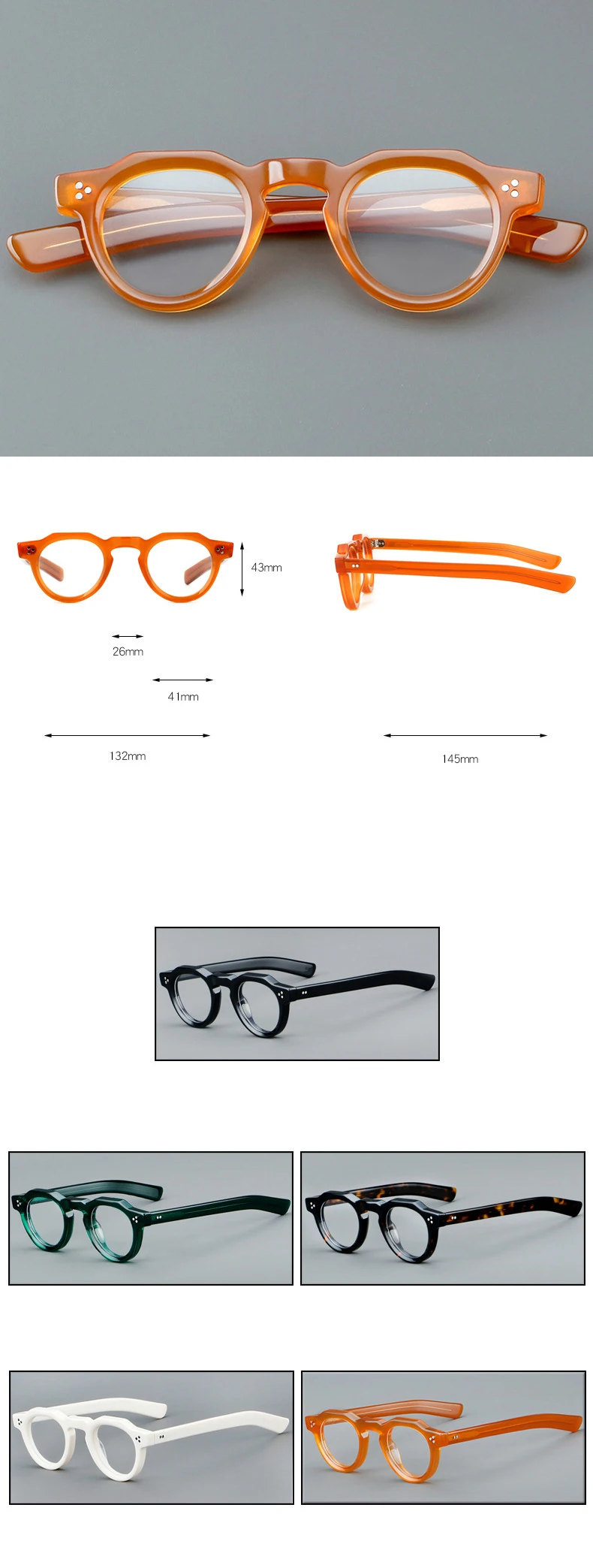 57171 Vintage Round Acetate Spectacles Frame Women Fashion Rivet Optical Transparent Eyeglass Men Trend Prescription Glasses
