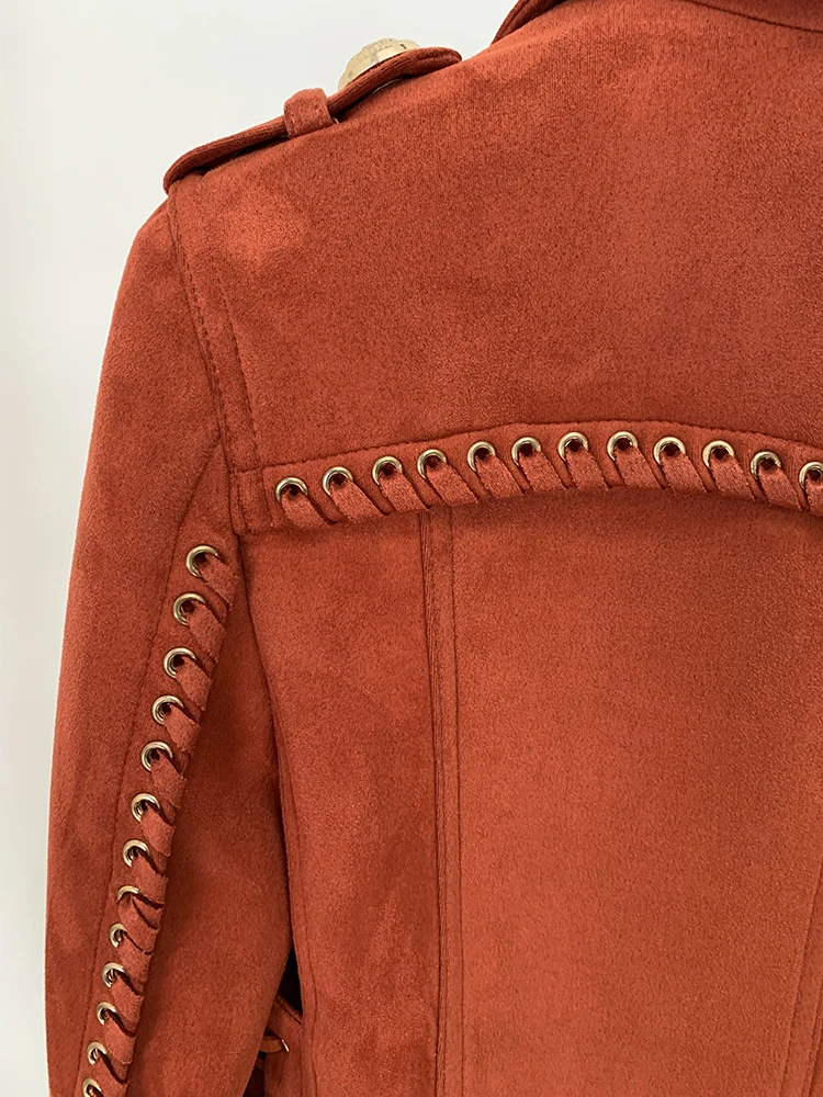 HIGH STREET Newest 2026 F/W Designer Jacket Women's Rope Lacing Up Logo Beaded Synthetic Suede Leather Motorcycle Biker Jacket