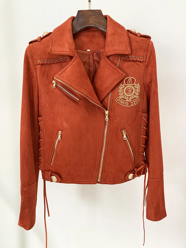 HIGH STREET Newest 2026 F/W Designer Jacket Women's Rope Lacing Up Logo Beaded Synthetic Suede Leather Motorcycle Biker Jacket