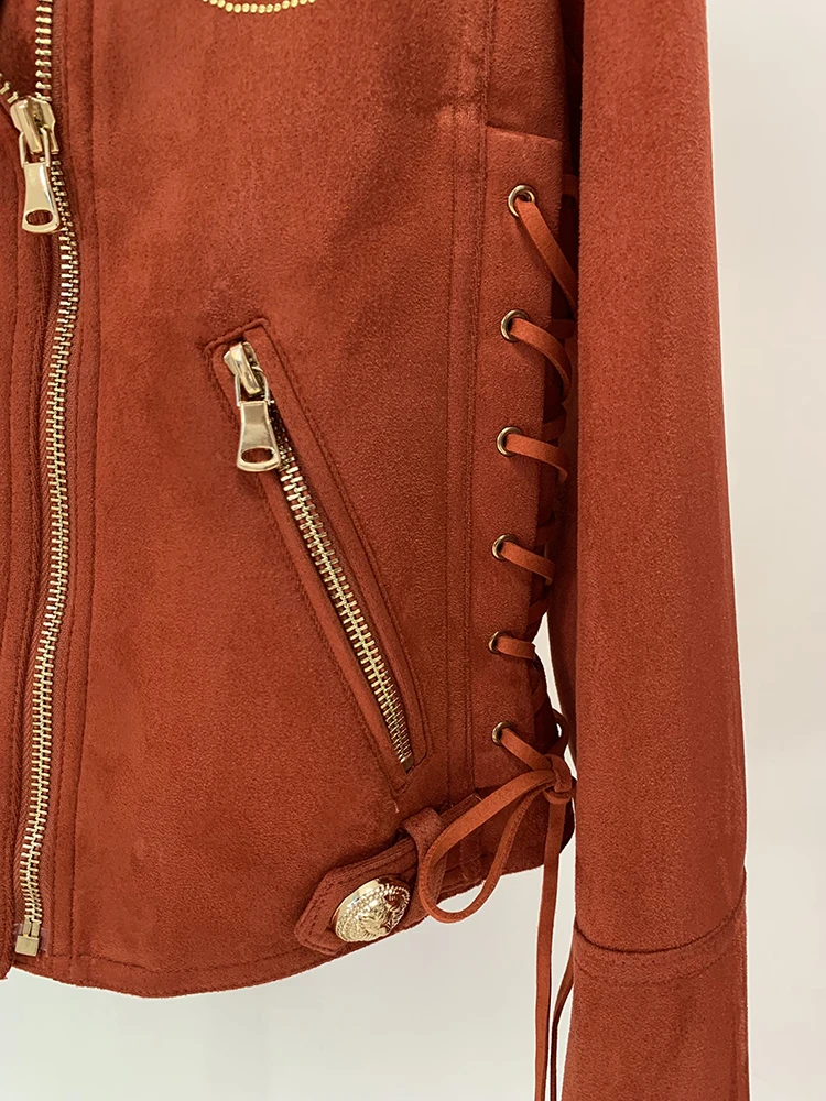 HIGH STREET Newest 2026 F/W Designer Jacket Women's Rope Lacing Up Logo Beaded Synthetic Suede Leather Motorcycle Biker Jacket