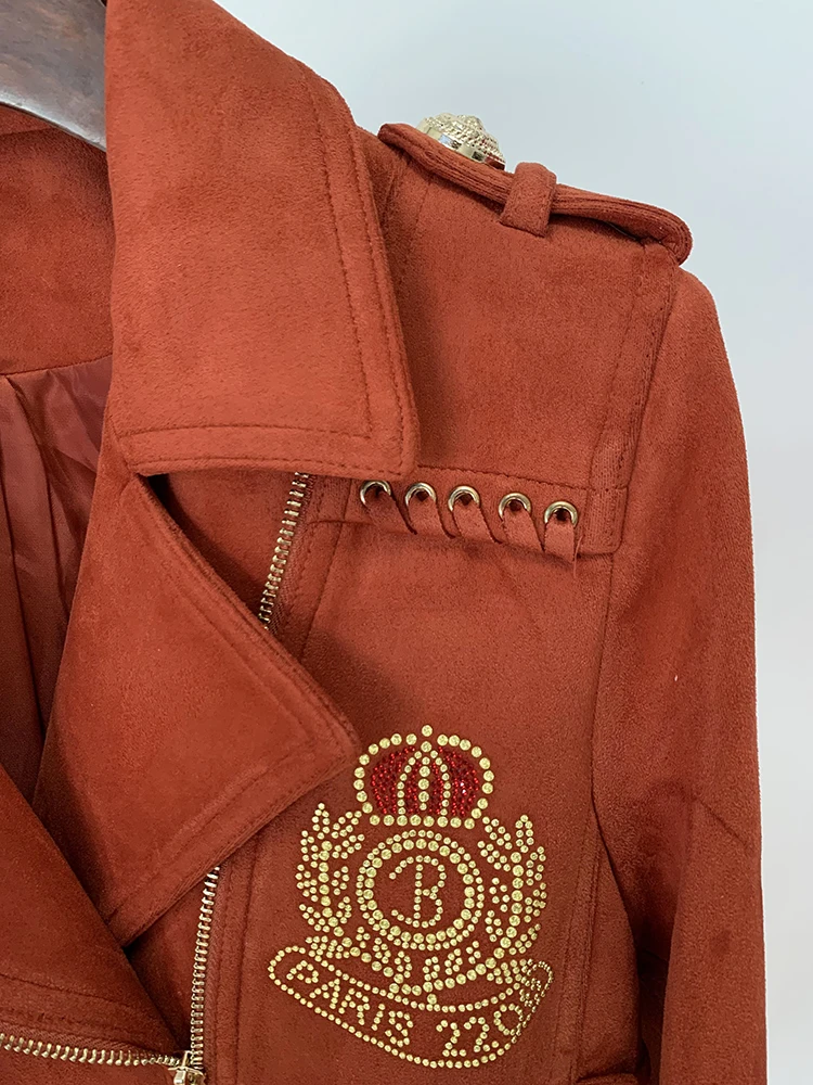 HIGH STREET Newest 2026 F/W Designer Jacket Women's Rope Lacing Up Logo Beaded Synthetic Suede Leather Motorcycle Biker Jacket